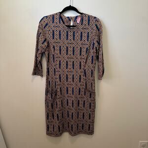 J. McLaughlin Catalina Catalyst Dress Size Medium Celtic Geometric Navy Rust 3/4
